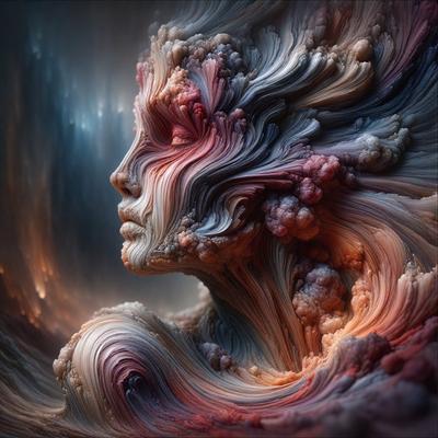 The primary subject of the image is a woman with a unique and artistic appearance. She is the main focus of the image, and her face is the center of attention. The setting or background of the image features a colorful and abstract backdrop, which adds to the overall visual style of the picture. The woman's face is painted with a combination of red, pink, and orange colors, creating a vibrant and lively atmosphere. The image is a digital art piece, showcasing the artist's creativity and